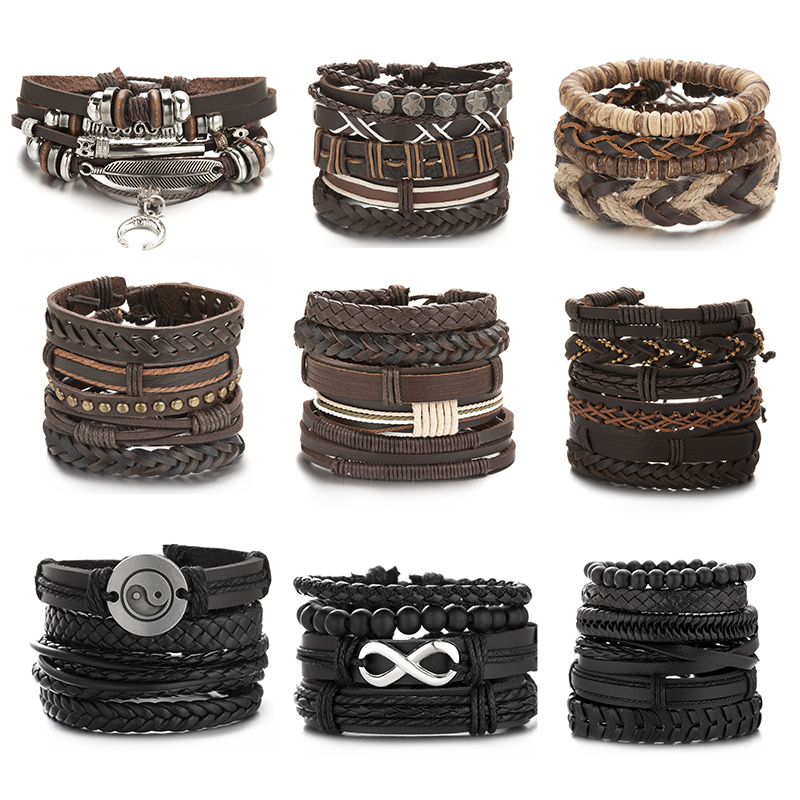 뜨거운 판매 남자 깃털 가죽 팔찌 세트 펑크 힙합 다층 - Men'S Accessories Jewelry Sale 리뷰 및 가격